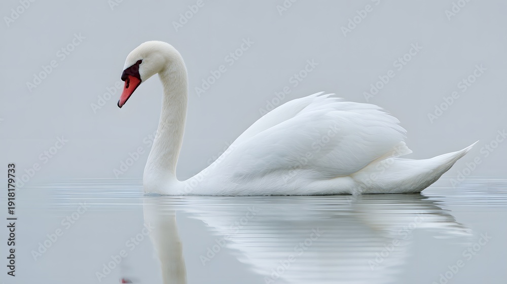 Fototapeta premium Elegant Mute Swan Gliding Serene Waters Reflecting Graceful White Plumage.