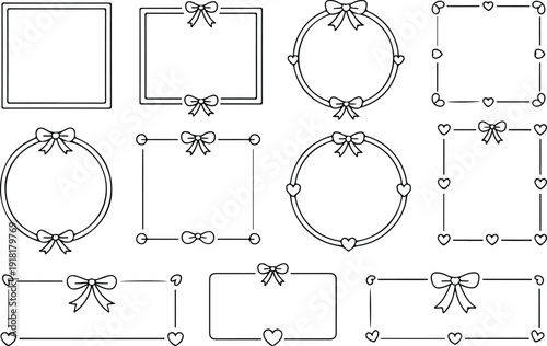 Collection of decorative frames with hearts and bows on transparent background vector illustration.