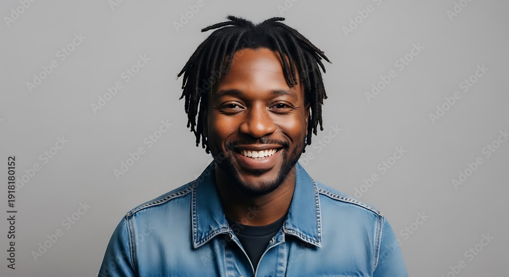 Obraz premium Portrait of a smiling Black man with dreadlocks, wearing a denim jacket, on a gray background