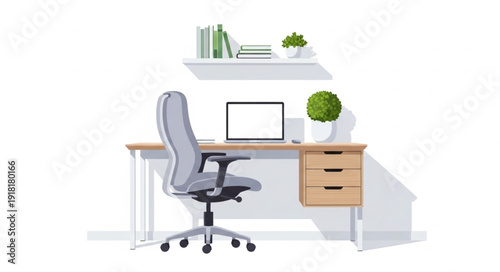 Modern home office desk with laptop and chair.