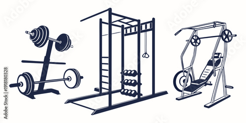 A variety of gym equipment including barbells, a squat rack, and a cable machine.