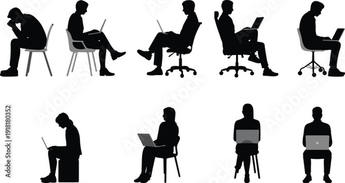People working on laptop silhouettes, remote work and freelance online business concept isolated on white background vector illustration set