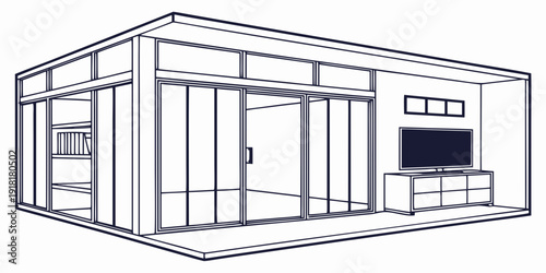 A modern living room with a television and a sliding glass door leading to the outdoors