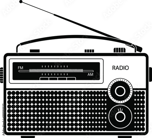Retro portable radio silhouette with FM AM tuner and antenna isolated on white background vintage audio vector illustration