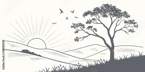 A serene landscape with a rising sun, trees, and birds in flight.