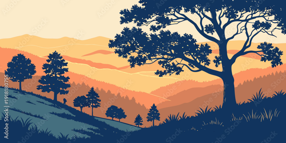 Εκτύπωση καμβά A serene landscape of trees and rolling hills at sunset with a calm atmosphere
