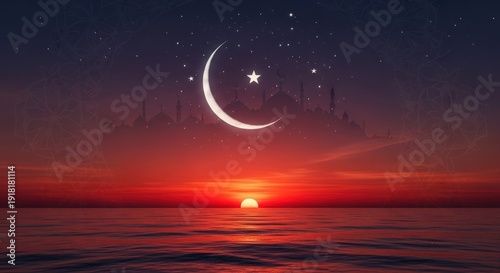 A serene nighttime scene of a crescent moon, star, and vibrant sunset over calm water with cityscape.