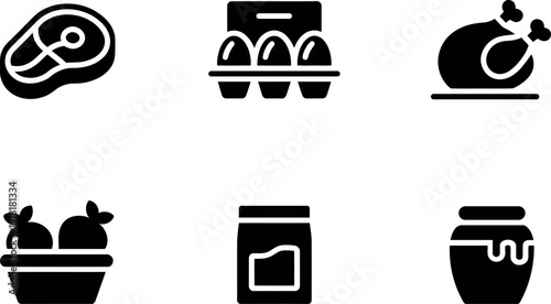 Collection of food icons including steak eggs chicken fruit jam and honey isolated on transparent background