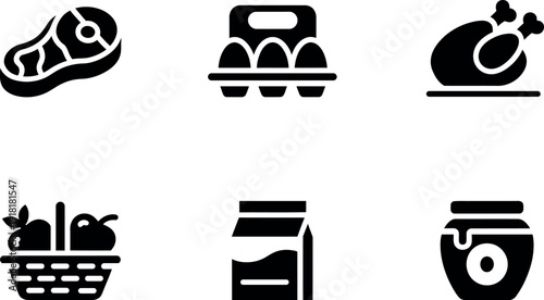 Collection of six stylized food icons including steak eggs chicken fruit basket milk carton and jam jar