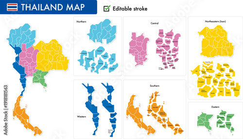 Thailand Map Regions Infographic With Labeled Provinces and Regional Insets for Travel and Education