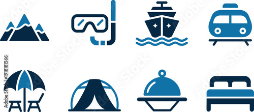 Collection of travel and leisure icons representing diverse vacation activities and accommodations