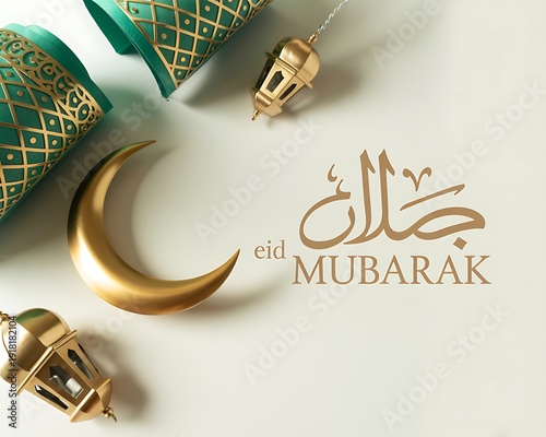 Title: Eid Mubarak celebration with gold crescent moon, lanterns, and green and gold decorative on a white background