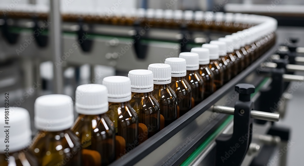 Obraz premium Production line of brown medicine bottles with white caps on a factory conveyor belt