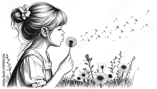 Girl blowing dandelion seeds in flower meadow