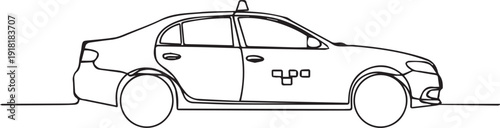 Single line drawing of a modern sedan car in profile view