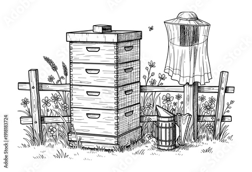 Beehive and Beekeeping Equipment with Smoker and Veil Black and White Engraving Style Vector