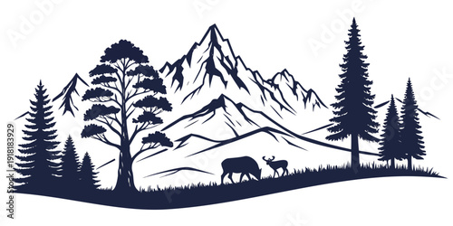 A serene mountain landscape with trees and wildlife in silhouette