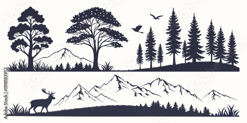 A serene landscape with mountains, trees, and birds in flight
