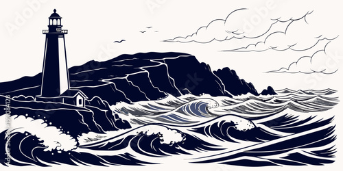 A lighthouse standing tall amidst crashing waves and rocky shores