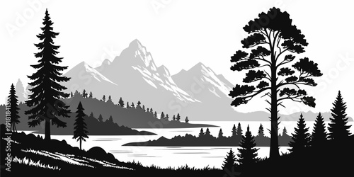 A serene landscape with a lake, mountains, and trees under a starry night sky