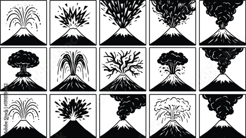 Volcano eruption silhouette set with lava explosion smoke ash cloud isolated on white background natural disaster vector illustration