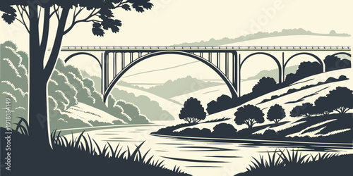 A serene bridge over a calm river surrounded by lush greenery and distant mountains.