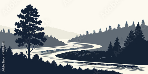 A serene winding river flows through a dense forest landscape under a cloudy sky.