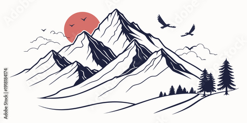 Majestic mountains at sunset with birds flying over a serene landscape