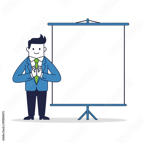 Businessman gesturing clasping hands near a blank presentation whiteboard screen