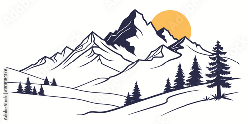 Majestic mountains with a rising sun and a serene forest below