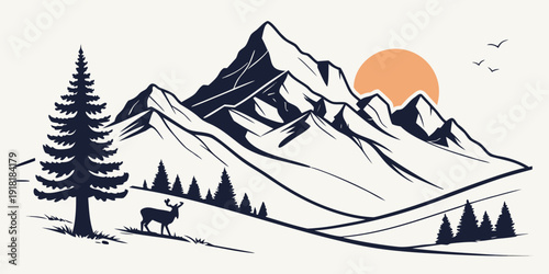 Majestic mountains with a serene sunset and a peaceful forest scene.