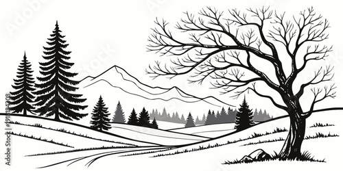 A serene landscape with a large tree and distant mountains under a clear sky