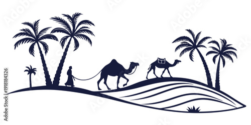A serene desert scene with camels and palm trees under a clear sky