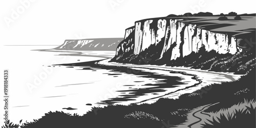 A dramatic coastal landscape with towering cliffs and crashing waves