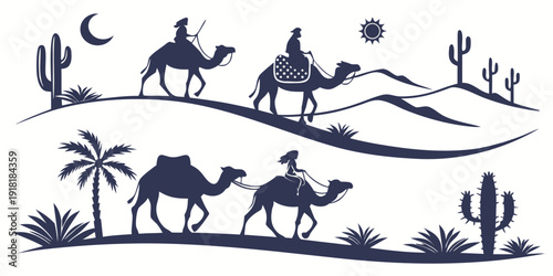 Camels and riders traversing a desert landscape with palm trees and a moonlit sky