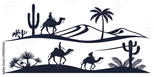 Silhouette of camels and cacti in a desert landscape with palm trees