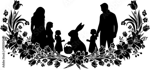 Easter sunday celebration silhouette easter bunny and family in floral decorations
