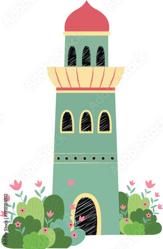 Minaret tower with balcony and garden bushes landscape illustration