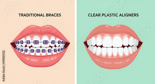 Evolution of a perfect smile: side-by-side comparison of traditional purple braces and invisible plastic aligners for aesthetic dental correction.