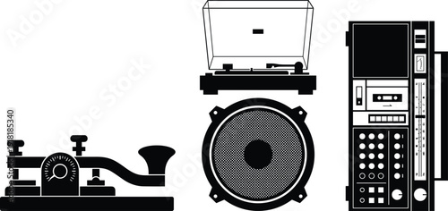 Vintage audio equipment set with gramophone speaker radio and telegraph machine isolated on white background vector illustration