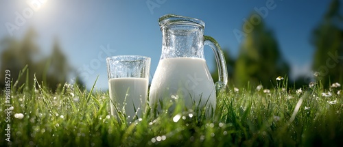 Panel kuchenny z motywem A glass and pitcher of fresh milk sit on dew covered grass under bright sunlight
