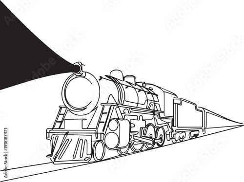 A detailed line drawing depicts a classic steam locomotive in motion