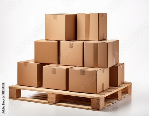 brown cardboard boxes arranged in orderly cube stack formation on wooden shipping pallet isolated on a white background