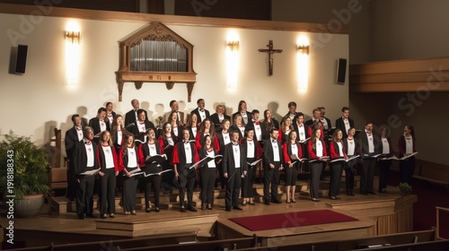 A choir adorned in formal attire stands on stage in a church setting, harmoniously performing with their vocal talents, creating beautiful melodies together.