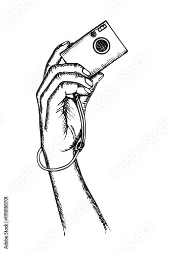 A person's hand holding a retro digital camera, complete with a protective wrist strap for secure handling. Hand-drawn sketch outline illustration, vector drawing in engraving style