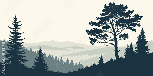 Majestic trees standing tall on a misty mountain landscape at dusk
