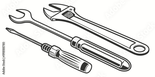 A variety of tools including wrenches, screwdrivers, and pliers laid out on a flat surface