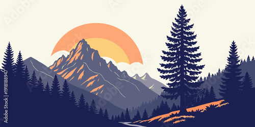 Majestic mountain range with a vibrant sunset and tall pine trees