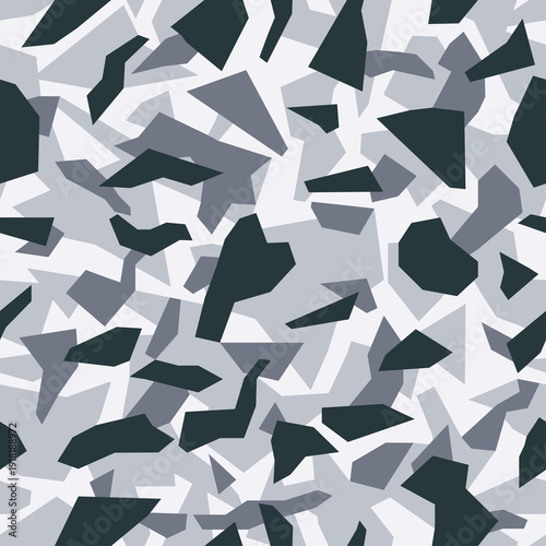 Geometric camouflage, modern fashion design. Camo military protective. Army uniform. Debris shape pattern. Black and white, monochrome, fashionable, fabric. Seamless texture.