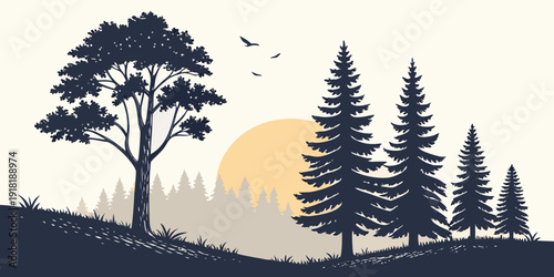 A serene sunset over a landscape with trees and a distant mountain range.